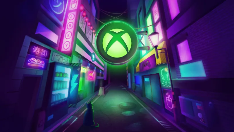 Xbox Tokyo Game Show 2025, Neon Cyberpunk Street lights, Xbox logo