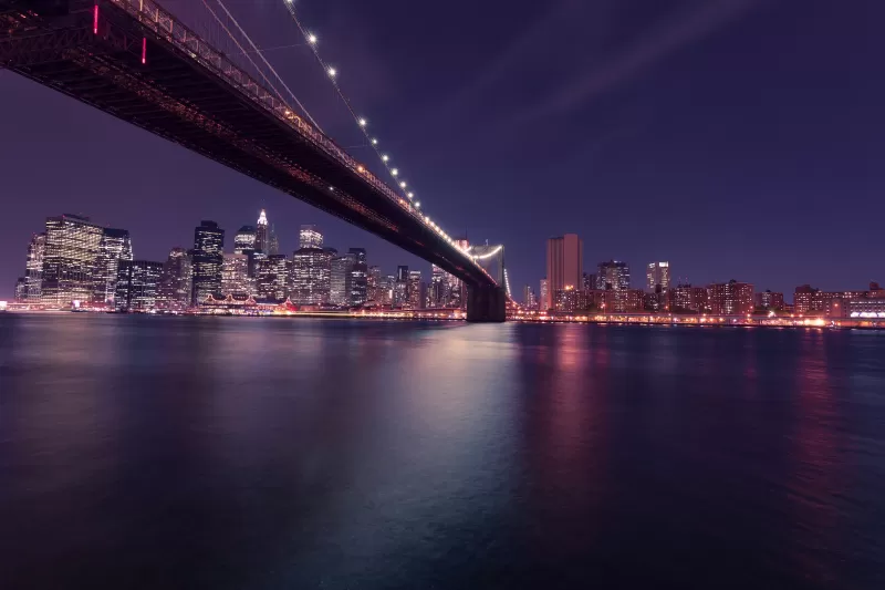 Brooklyn Bridge, New York, United States, Body of Water, Cityscape, Night time, City lights, Reflection, Skyscrapers, City Skyline