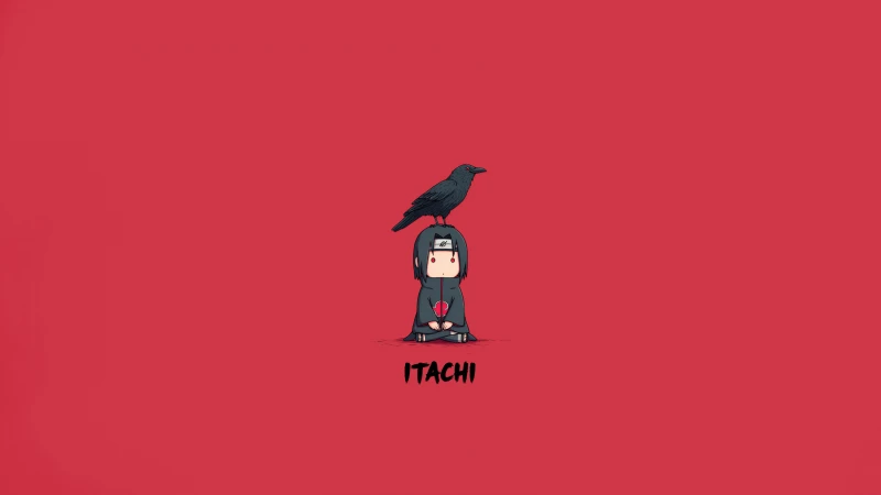 Chibi Itachi Uchiha, Minimalist wallpaper, Red background 8K, Naruto