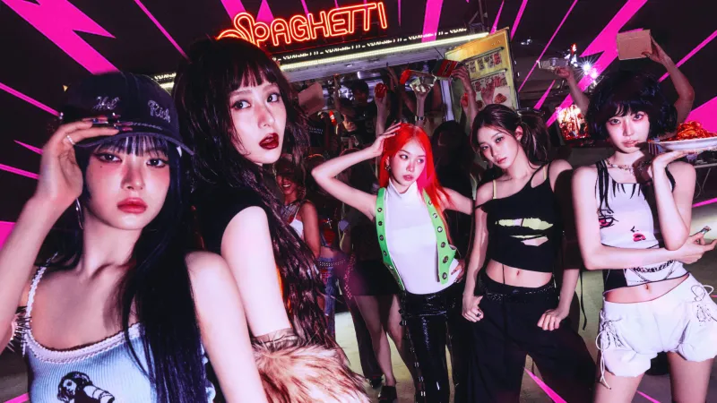 Le Sserafim Spaghetti, 5K wallpaper, Sakura Miyawaki, Kim Chaewon, Huh Yunjin, Hong Eunchae, Kazuha