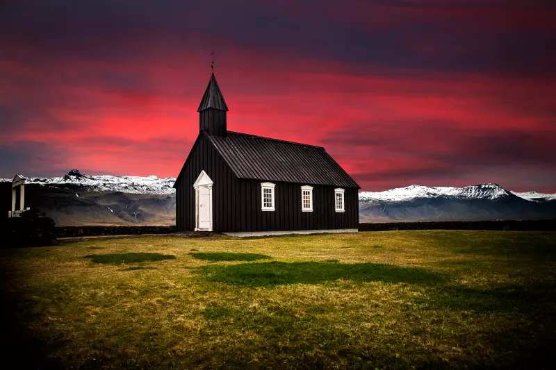 Búðir, Iceland, Church, Hamlet, Landscape, Red Sky, Glacier mountains, Snow covered, Wooden House, Scenery, Beautiful, 5K