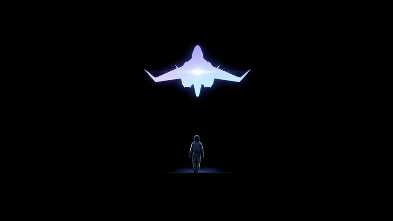 Pilot walking to a glowing jet, Black background, Minimalist, 5K wallpaper