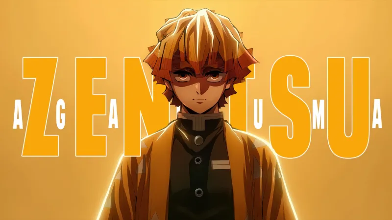 Zenitsu Agatsuma, Demon Slayer: Kimetsu no Yaiba, Yellow background 4K