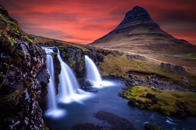 Kirkjufell, Iceland, Mountain, Waterfalls, Landscape, Water Stream, Long exposure, Dusk, Red Sky, 5K