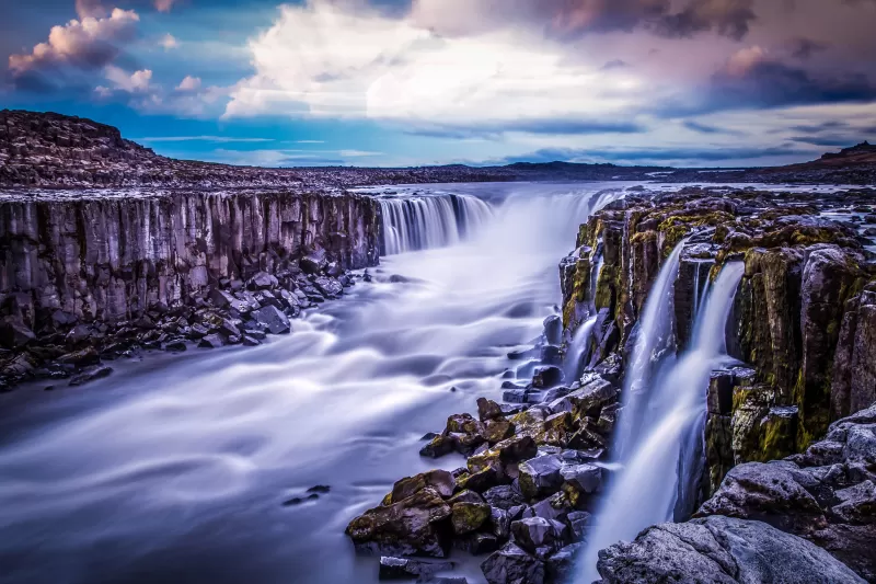 Selfoss Waterfall, Iceland, Landscape, River Stream, Long exposure, Tourist attraction, Travel, Rocks, Cliffs, Evening, Scenery, 5K