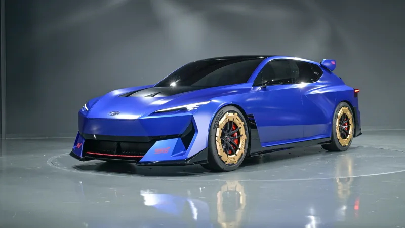 Subaru Performance-E STI Concept, Blue electric hatchback, Gold wheels, 4K wallpaper