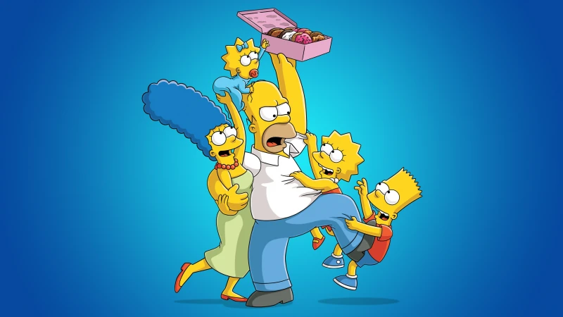 The Simpsons Doughnuts, Fortnite Battle Royale, Blue background, Homer Simpson, Marge Simpson, Bart Simpson, Lisa Simpson, Maggie Simpson, Simpson family