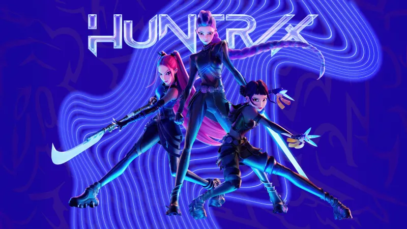 KPop Demon Hunters, Blue background 5K, Mira (Huntrix), Rumi (Huntrix), Zoey (Huntrix)