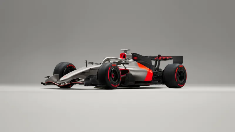 Audi R26 Concept, Formula 1 car, Silver and red, Grey studio, 8K wallpaper
