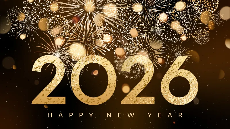 Happy New Year 2026 Fireworks, Golden letters, Black and gold, 5K wallpaper
