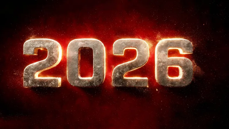 2026 New Year 3D text, Red background 5K