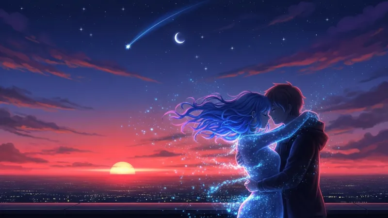 Glowing couple embrace at sunset wallpaper, Shooting star, Romantic