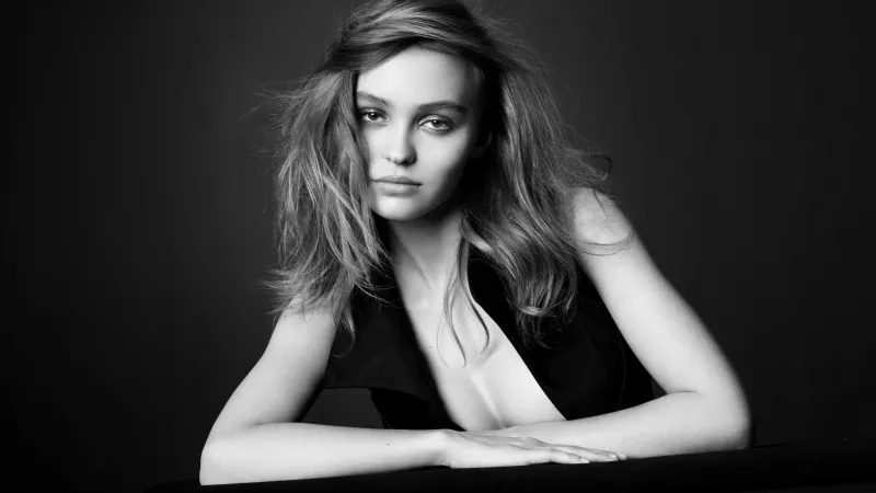 Lily Rose Depp, Black and White Wallpaper, Dark background 5K