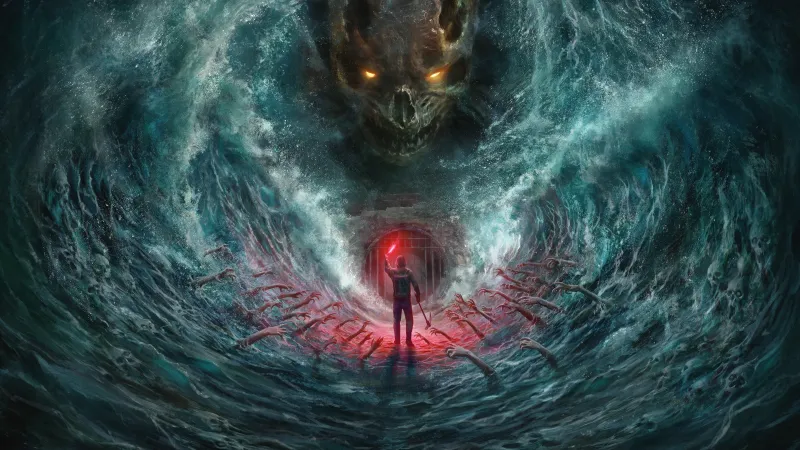 Total Chaos wallpaper, Giant skull, Stormy sea, Red flare, Horror