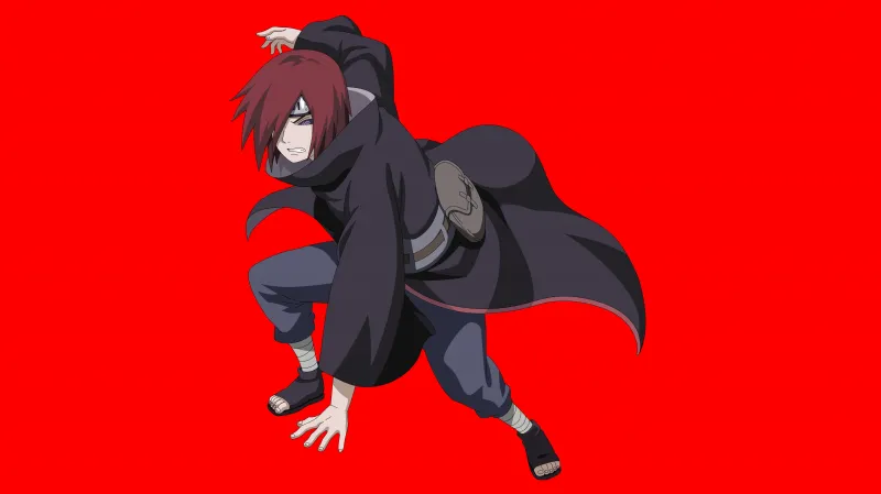 Nagato Akatsuki wallpaper, Naruto anime, Action pose, Red background 5K