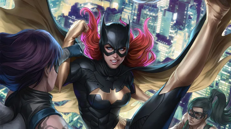 Batgirl wallpaper, DC Comics, Superheroine, Comic art, Action pose, Night city scene