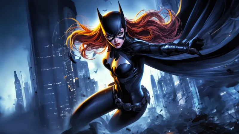 Batgirl wallpaper, DC Comics superhero, Redhead character, Dark city night, Comic book art