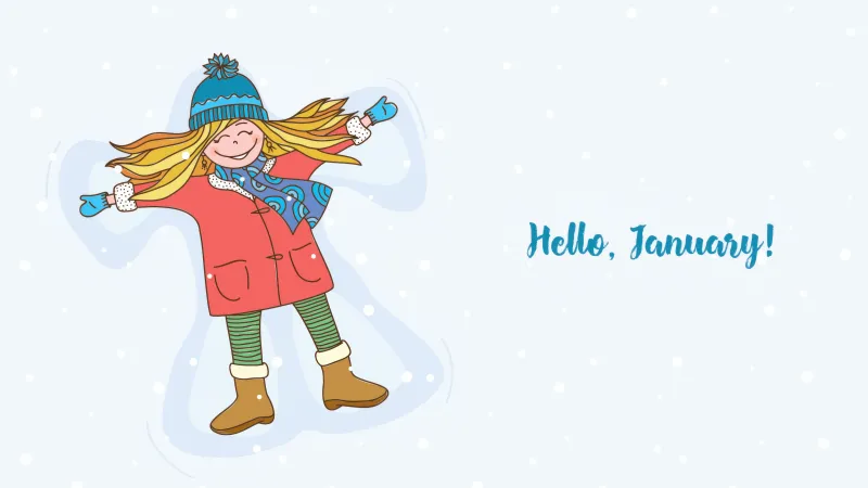 Hello January wallpaper, Snow angel, Winter illustration, Cheerful child
