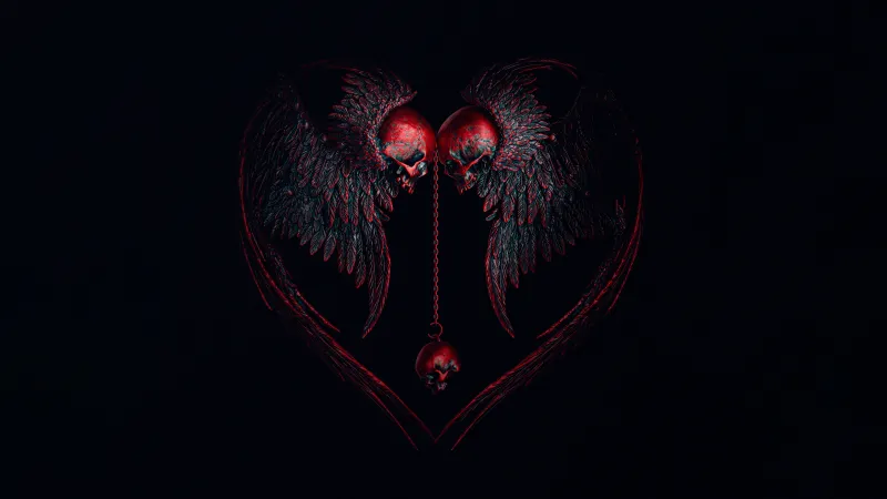 Winged skulls heart, Gothic, AMOLED, 5K wallpaper