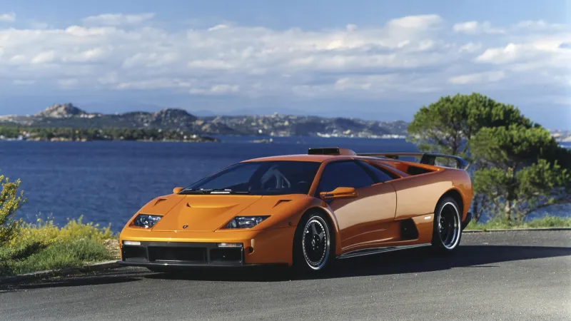 Lamborghini Diablo, Orange sports car, Coastal landscape, Luxury car, Lamborghini wallpaper