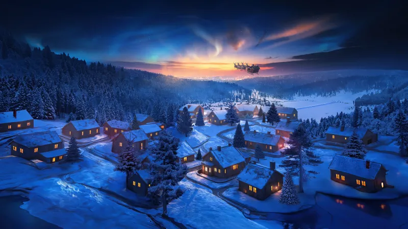 Santa's sleigh over a snowy village wallpaper, Christmas Eve, Aurora