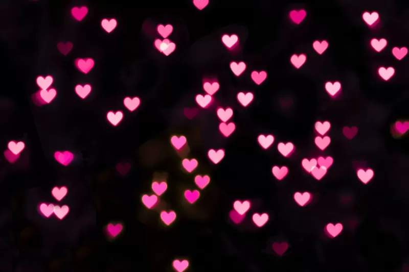 Pink hearts, Black background, Bokeh, Glowing lights, Vibrant, Blurred, Heart shape