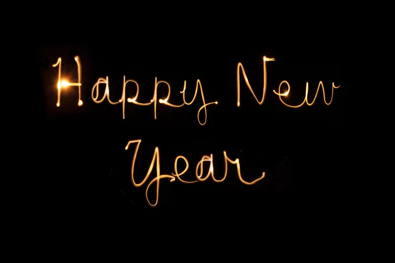 Happy New Year, Black background, New Year's Eve, Greetings, Holidays, January, Golden letters, Hand Written, Sparklers, 5K, 8K