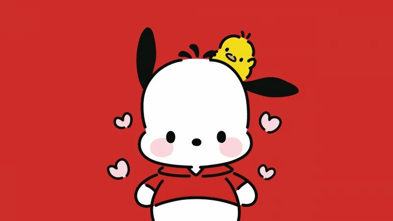 Pochacco, Duck With Knife, Sanrio, Red background 5K