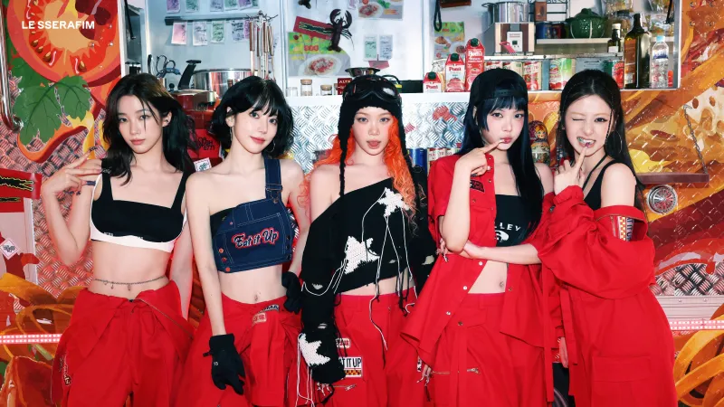 Le Sserafim, Spaghetti, K-pop group, Red outfits, 5K wallpaper