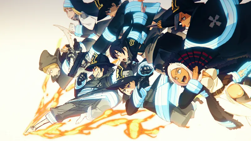 Fire Force Anime poster, Shinra Kusakabe, Maki Oze, Tamaki Kotatsu