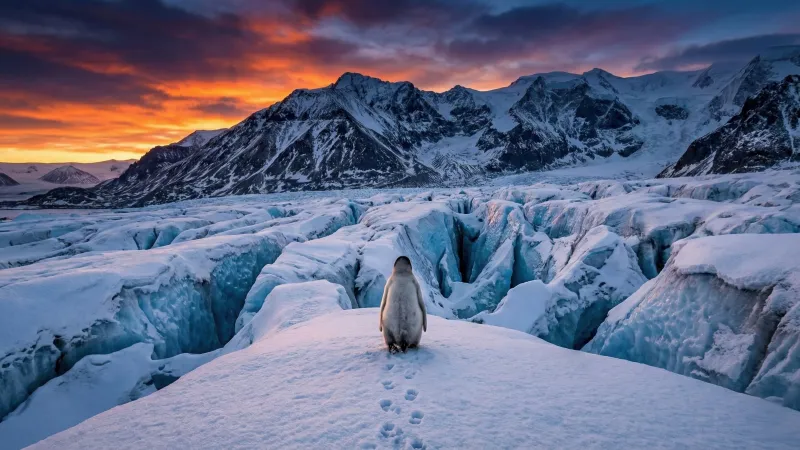 Penguin at a glacier wallpaper, Antarctica, Sunset mountains