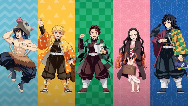 Demon Slayer: Kimetsu no Yaiba Characters, Inosuke Hashibira, Zenitsu Agatsuma, Tanjiro Kamado, Nezuko Kamado, Giyu Tomioka