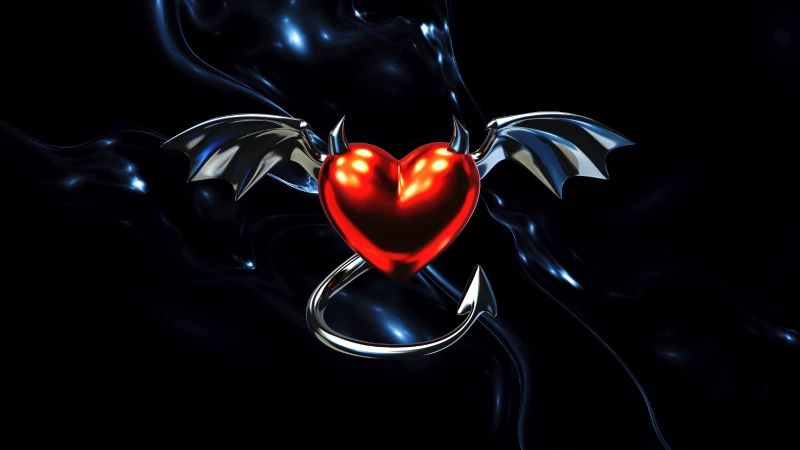 Gothic Devil heart, Metallic, Bat wings, Dark background 5K, Red heart