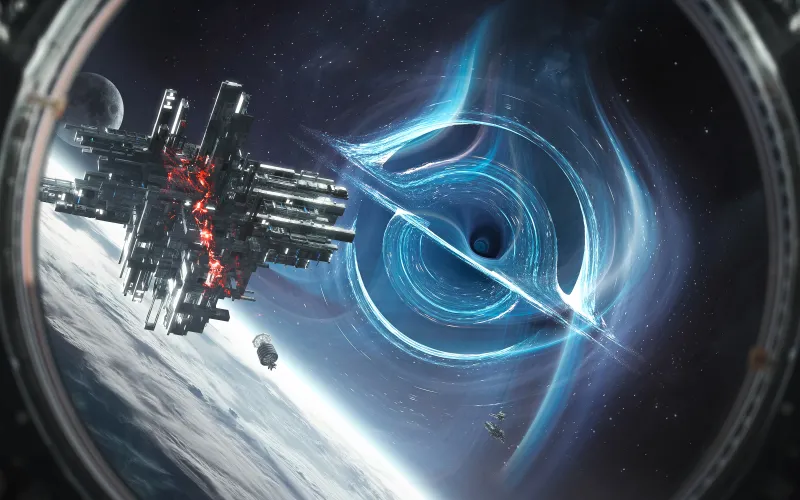 Space station near a black hole, Window view, Sci-fi, 5K wallpaper