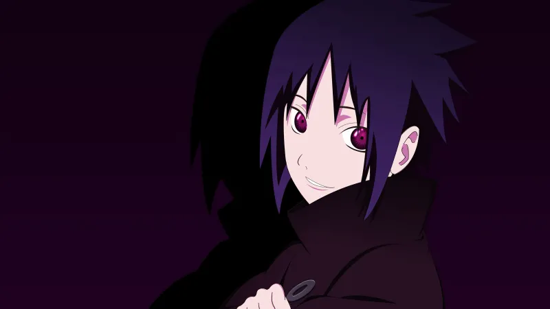 Smiling Sasuke Uchiha, Naruto, 5K wallpaper, Dark purple