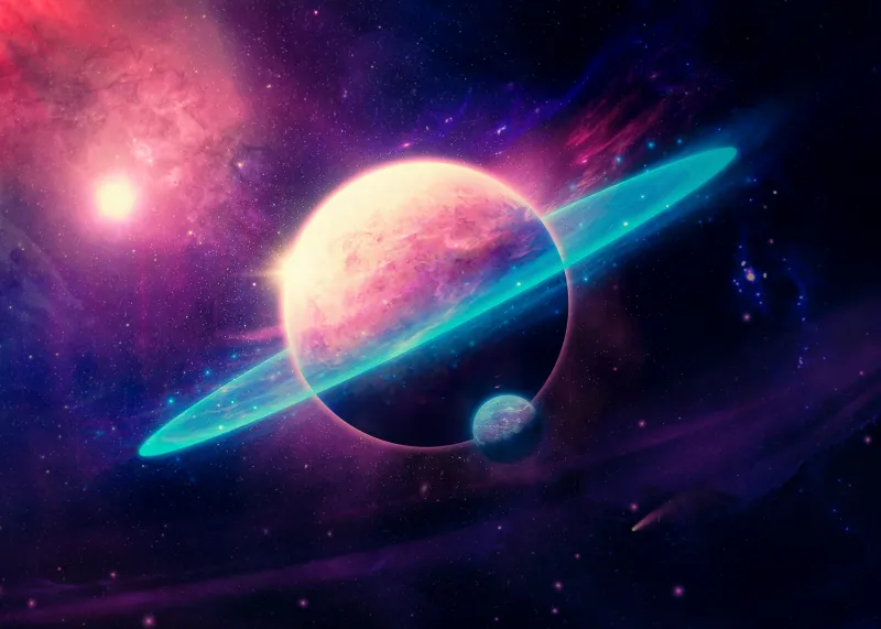 Ringed planet with cyan rings, Pink nebula, Cosmic art, 4K wallpaper