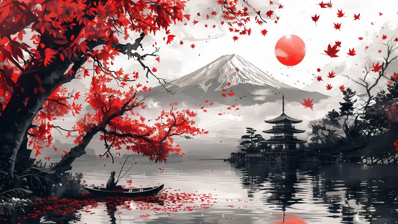 Artistic Japan, Mount Fuji, Autumn Maple trees