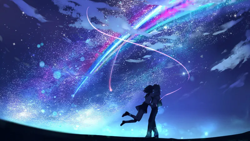 Your Name Couple, Kimi no Na wa, Night sky, Stars, Comet, Taki Tachibana, Romance, Mitsuha Miyamizu, Comet Tiamat, Shooting stars