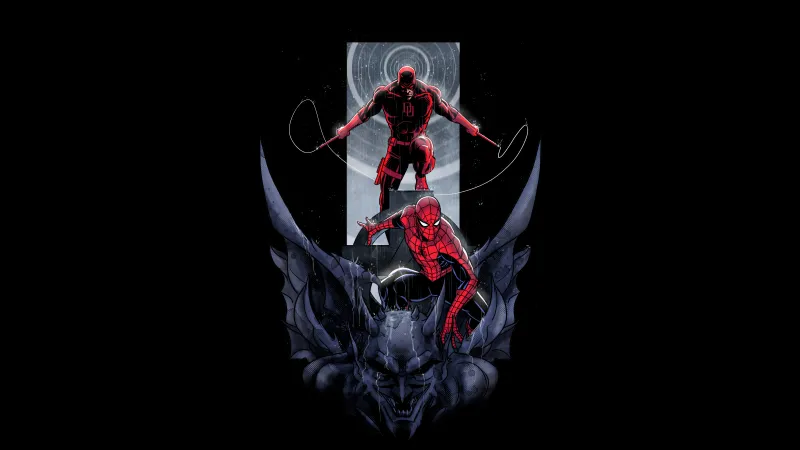 Daredevil and Spider-Man, Gargoyle, Marvel Comics, Black background, 8K wallpaper