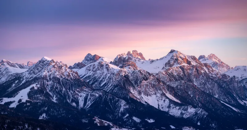 Snowy mountain range at sunset wallpaper, Pink sky, Winter peaks