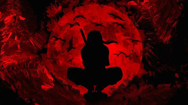 Itachi Uchiha Dark theme Silhouette, Naruto, Red background 4K
