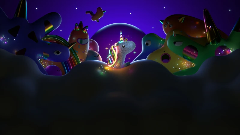 Unicorn Rainbow mane, Monsters, Magical Night, Dark aesthetic, Dark blue, Kawaii