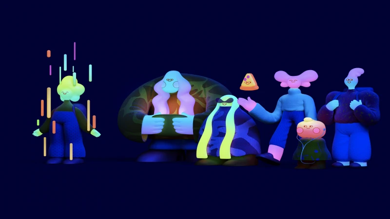 Neon glow Cute cartoon, 3D Render, Navy blue background 4K