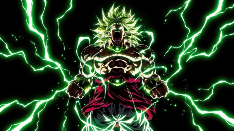Broly wallpaper, Legendary Super Saiyan, Green lightning, Black background