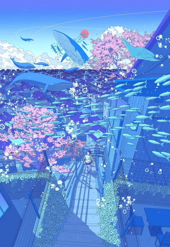 Anime scenery, Underwater city, Whale, Cherry blossom, Vertical wallpaper