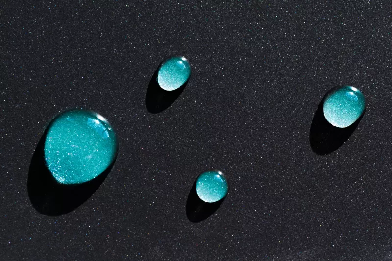 Blue Water drops, Dark background, Closeup, Macro, Shadow, 3D
