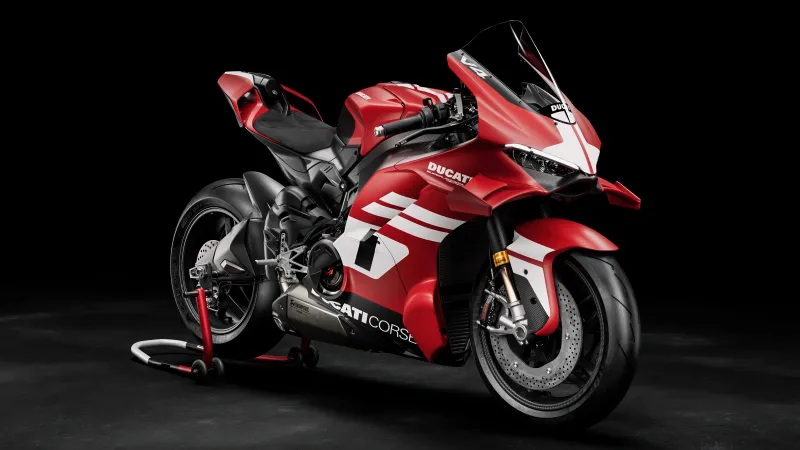 Ducati Superleggera V4 Centenario, Ducati Corse livery, Paddock stand, Dark background, 2027, 5K wallpaper