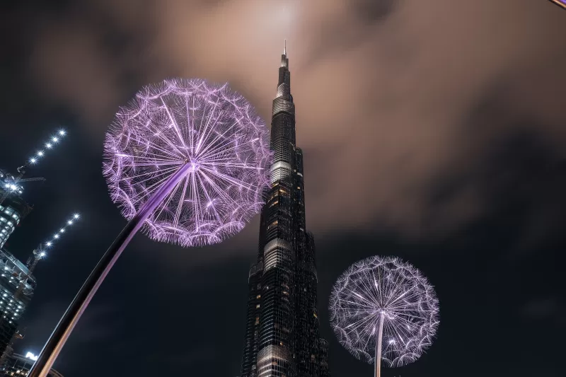 Burj Khalifa, United Arab Emirates, Dubai, Skyscraper, Modern architecture, High rise building, Dandelion flowers, Low Angle Photography, Sky view, Night time, Clouds, 5K