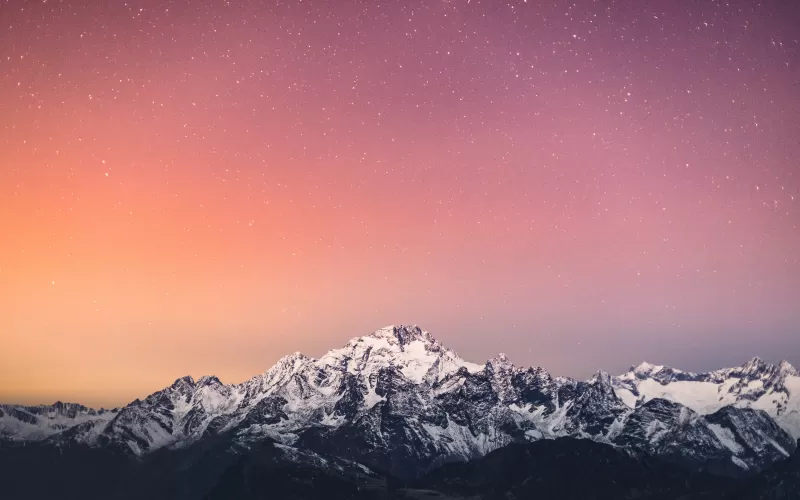 Snowy peaks wallpaper, Pink starry sky, Twilight