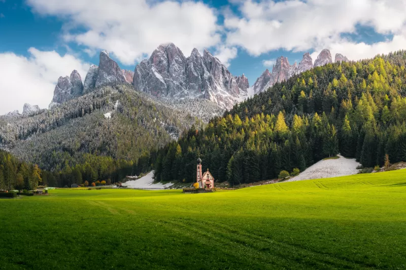 Church Of St Johann, Villnoss, Italy, Alps, Dolomites, Mountain range, Snow covered, Landscape, Scenery, Cathedral, Glacier mountains, Green Grass, Trees, Clouds, Famous Place, Tourist attraction, 5K, 8K